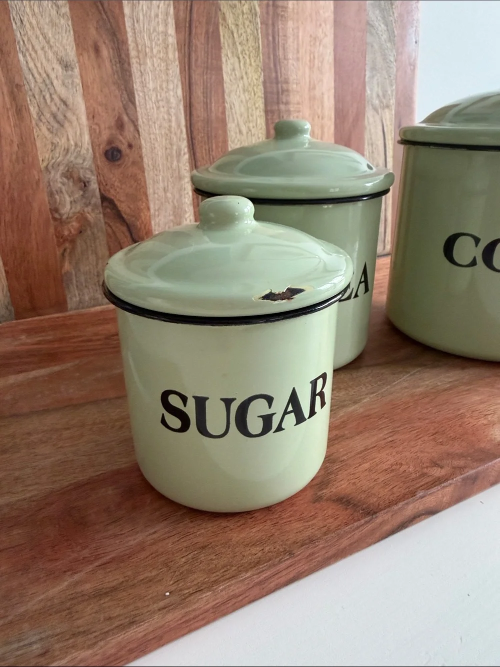 Vintage-Style Green Coffee Tea Sugar Enamel Canister Set